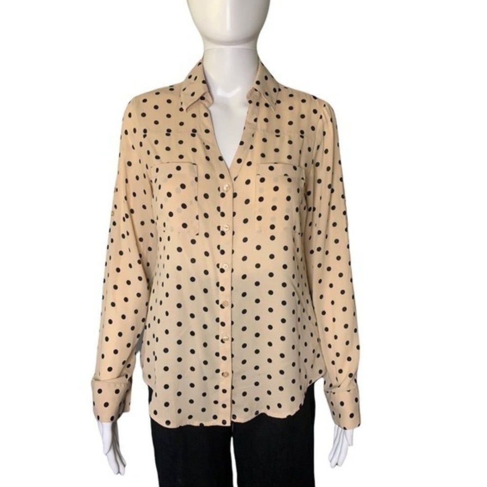 Express Portfolio Womens Nude Pink Polka Dot Button Up Blouse Size XS
